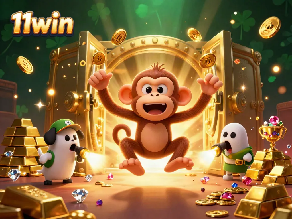 Experience the excitement of 11win with a mischievous poltergeist monkey and a ghost-hunter puppy in a vibrant casino.