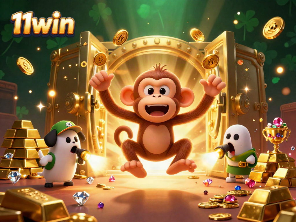 Experience the excitement of 11win with a mischievous poltergeist monkey and a ghost-hunter puppy in a vibrant casino.