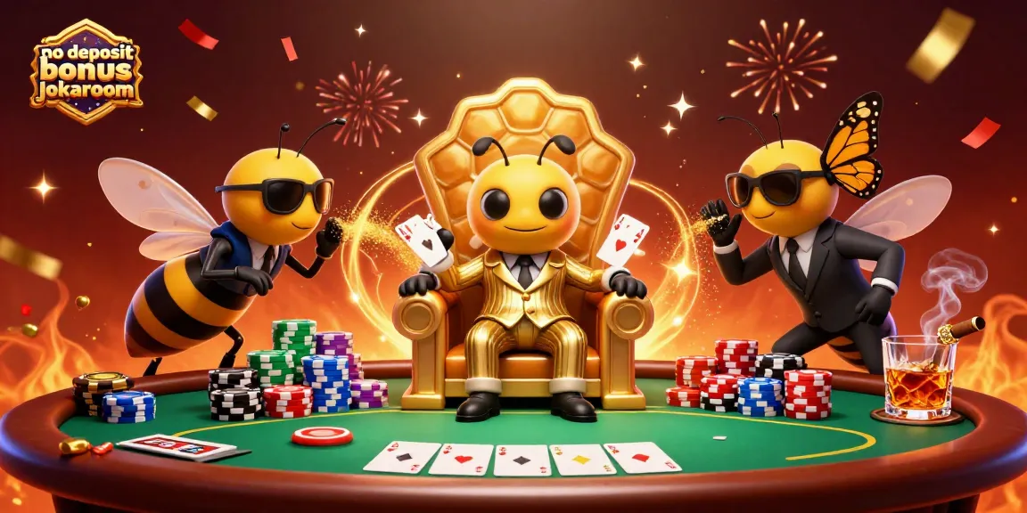 Experience the excitement with no deposit bonus casino jokaroom, featuring colorful poker elements and animated characters.