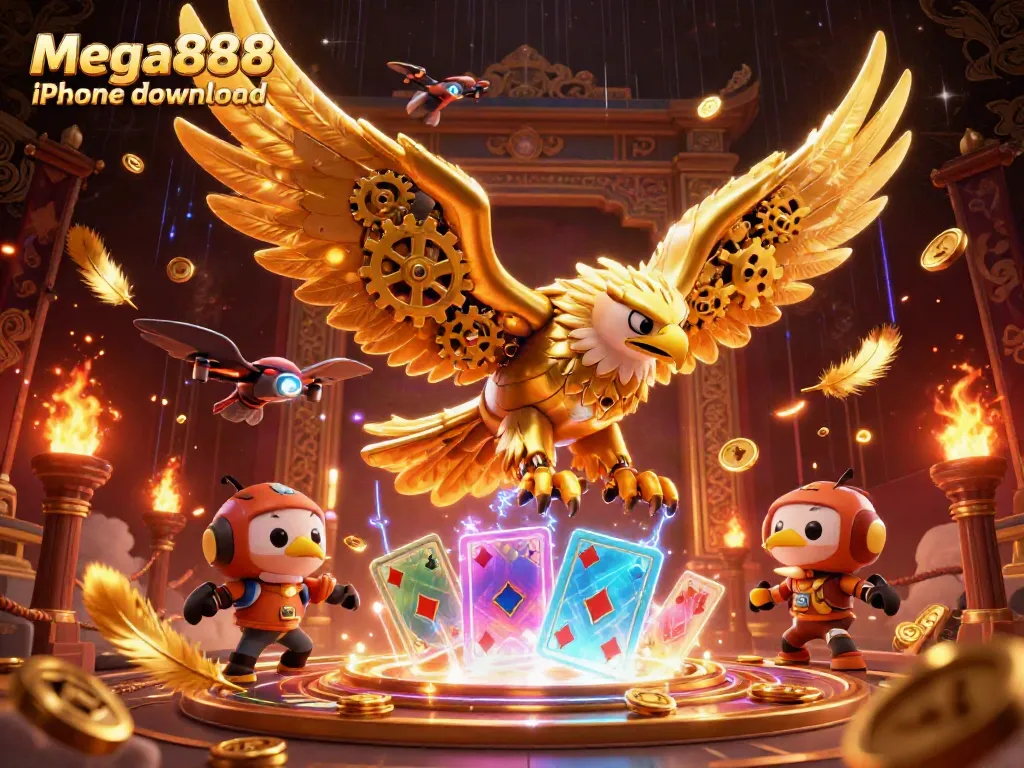 Experience the Mega888 iPhone download with striking visuals of a golden eagle amidst holographic playing cards.