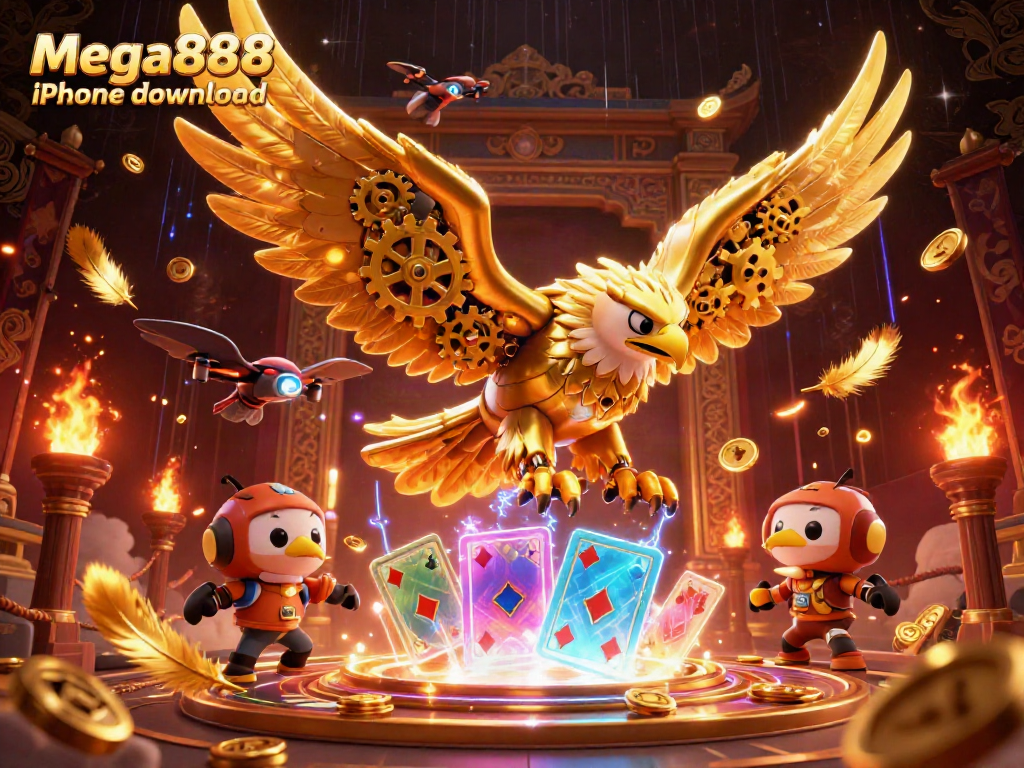 Experience the Mega888 iPhone download with striking visuals of a golden eagle amidst holographic playing cards.