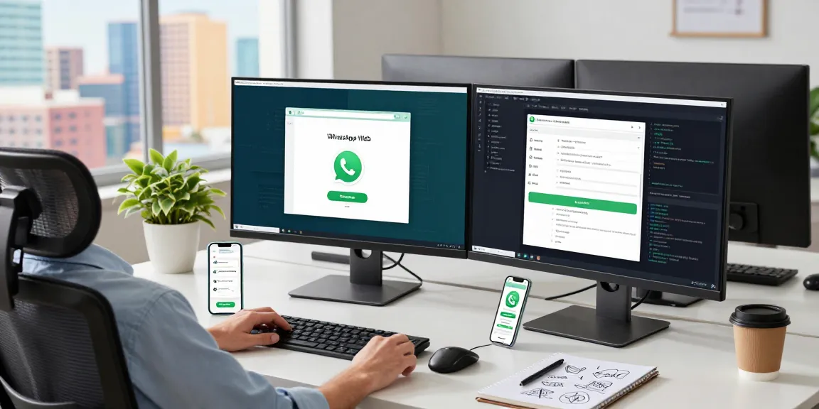 Professional workspace using WhatsApp網頁版 with monitors displaying messaging apps and coding.