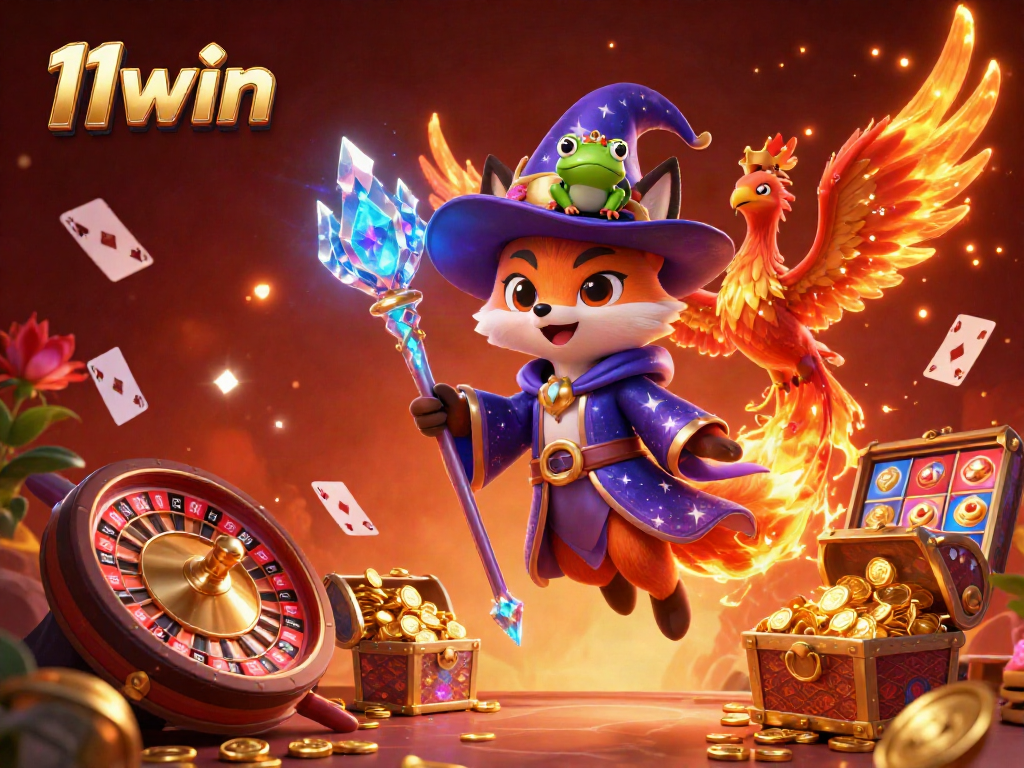 Experience thrilling gameplay at 11win with a magical wizard, phoenix, and vibrant casino elements.