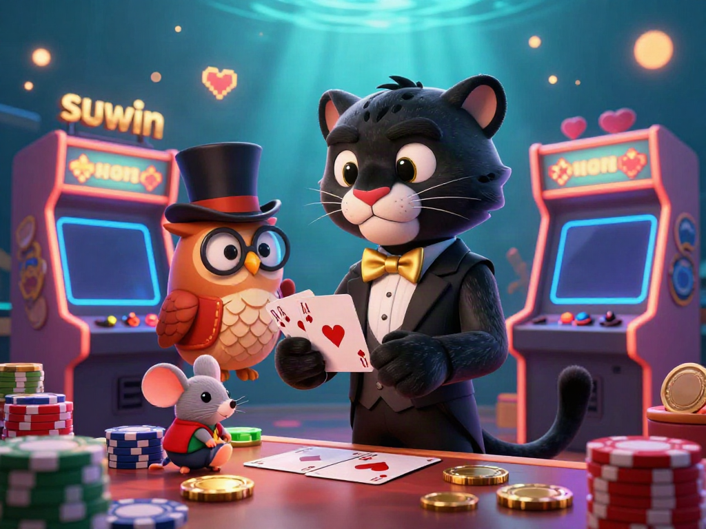 Experience ultimate casino excitement with suwin as a stylish panther deals cards amidst vibrant game elements.