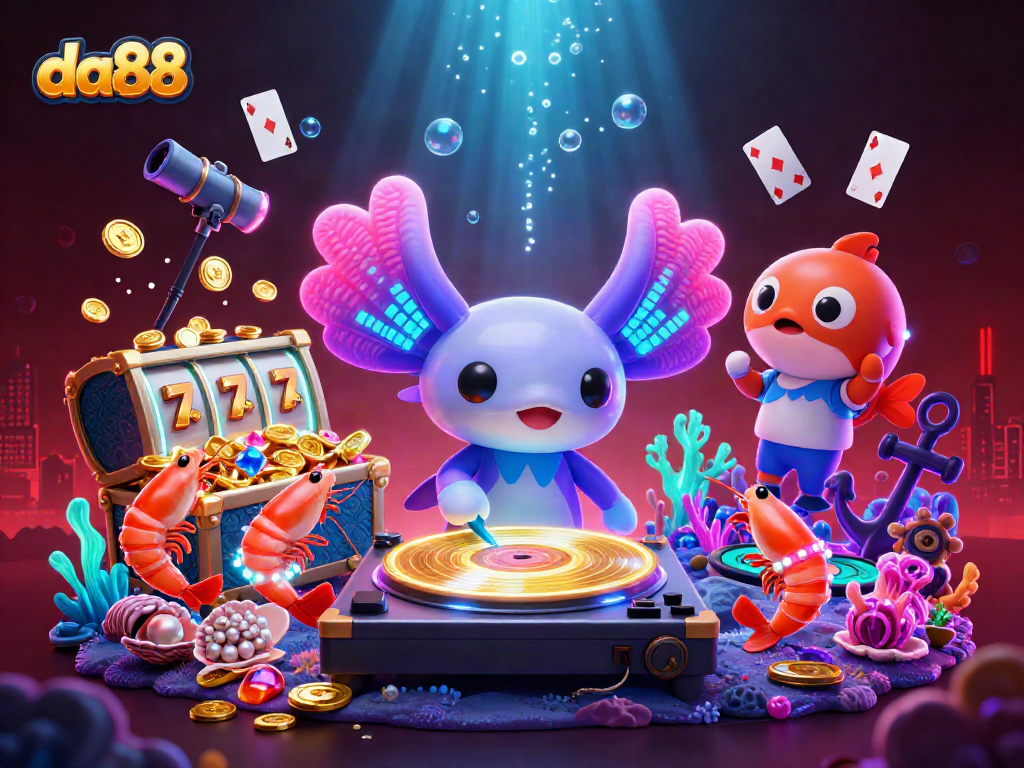 Join the exciting action at da88 with vibrant underwater casino fun featuring a DJ axolotl and treasure galore.