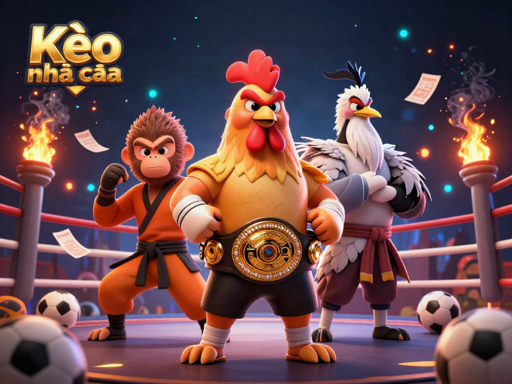 Engage in Kèo nhà cái with a vibrant scene featuring a Muay Thai rooster, Shaolin monkey, and crane master in a dynamic sports betting environment.