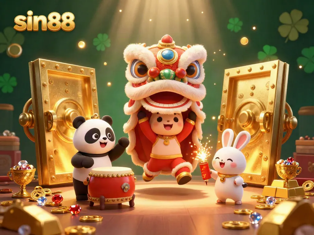 Experience thrilling gameplay with sin88's vibrant casino scene, featuring energetic lion dance and drumming panda.