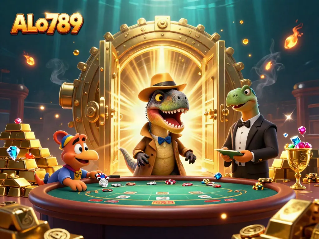 ALo789: A velociraptor card counter sneaks chips at a blackjack table in this vibrant casino illustration.
