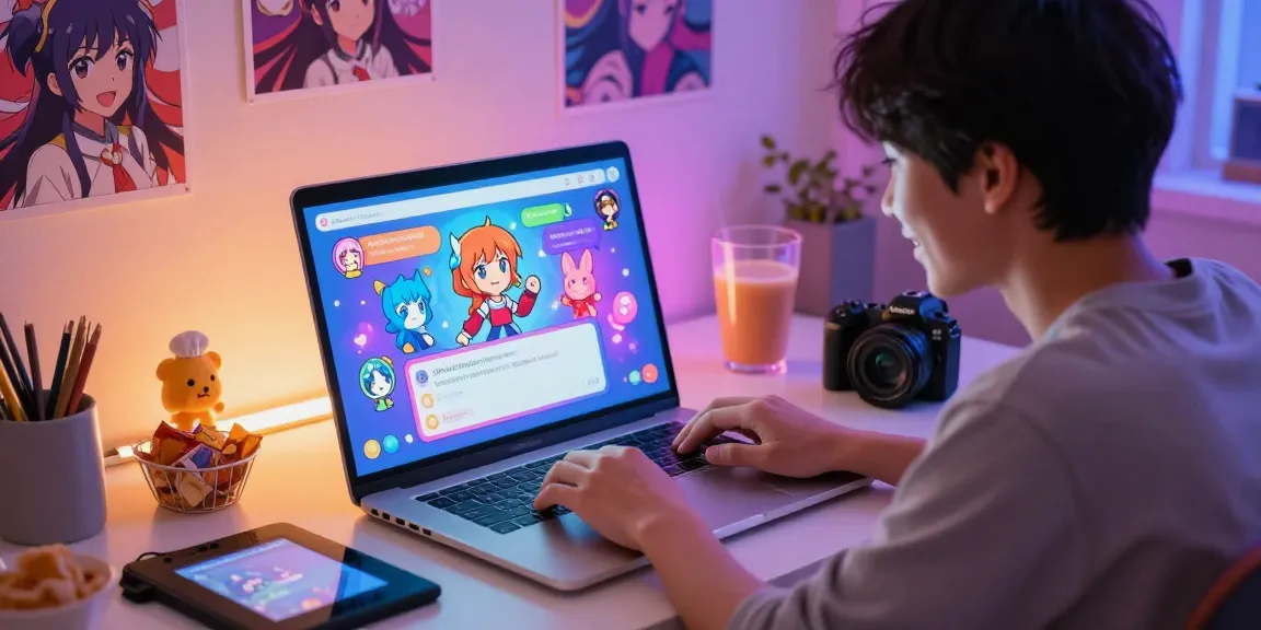 Engaging ai hentai chat scene with whimsical anime characters in interactive conversation on laptop, vibrant atmosphere.