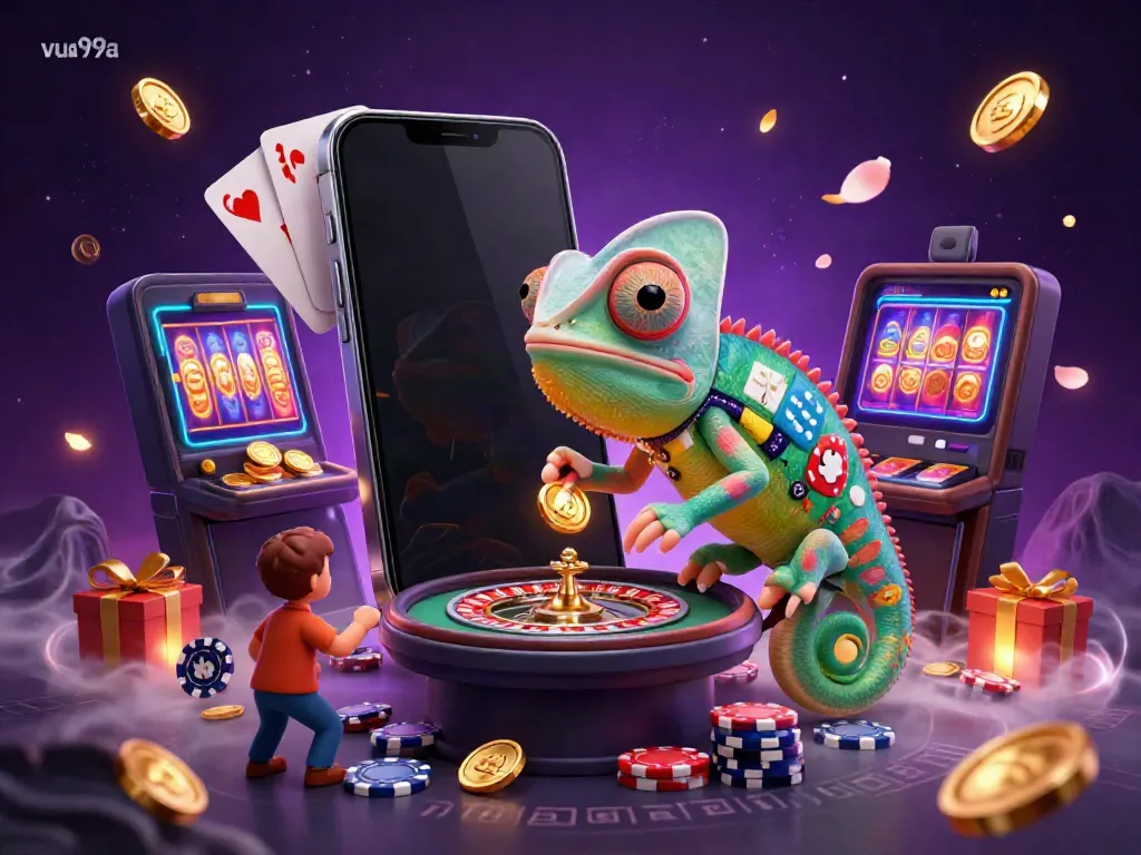 Engage with the vibrant world of vua99a, featuring a chameleon casino owner amidst dynamic game elements.