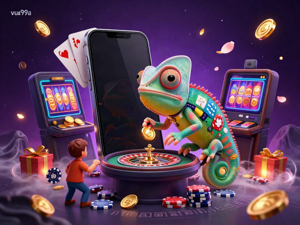 Engage with the vibrant world of vua99a, featuring a chameleon casino owner amidst dynamic game elements.
