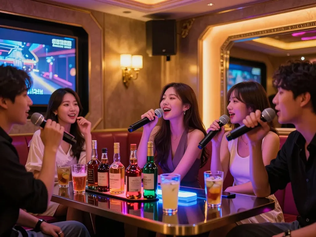 화려한 조명과 프리미엄 음료가 갖춰진 고급스러운 노래방에서 친구들과 함께 https://www.3no.org/에서 활기찬 나이트라이프를 즐기는 모습.