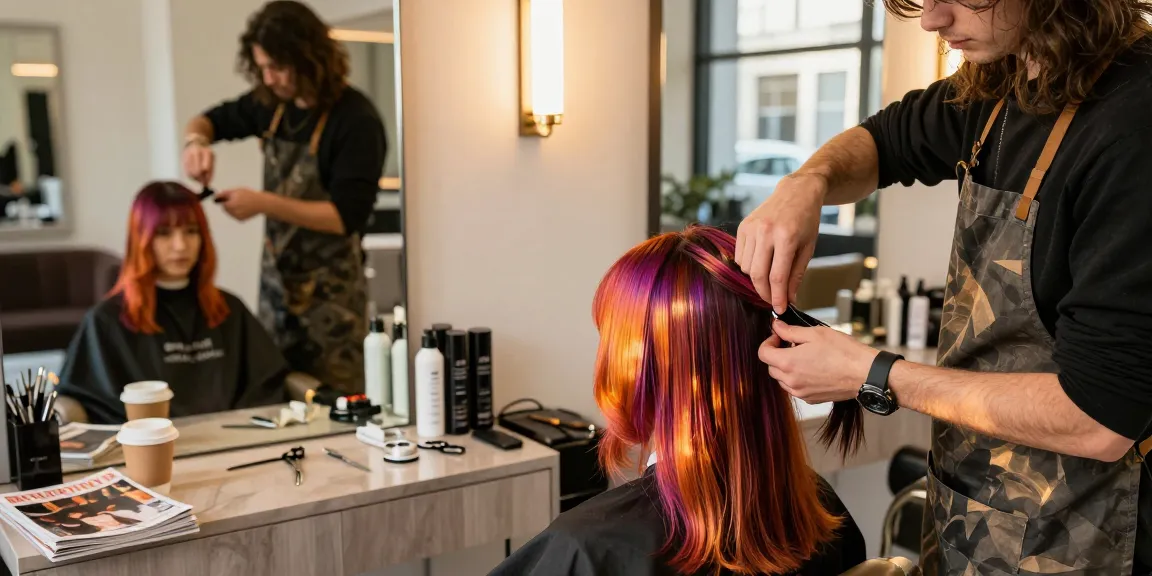 Hair style trend showcased in a salon with stylist applying extensions and vibrant color.