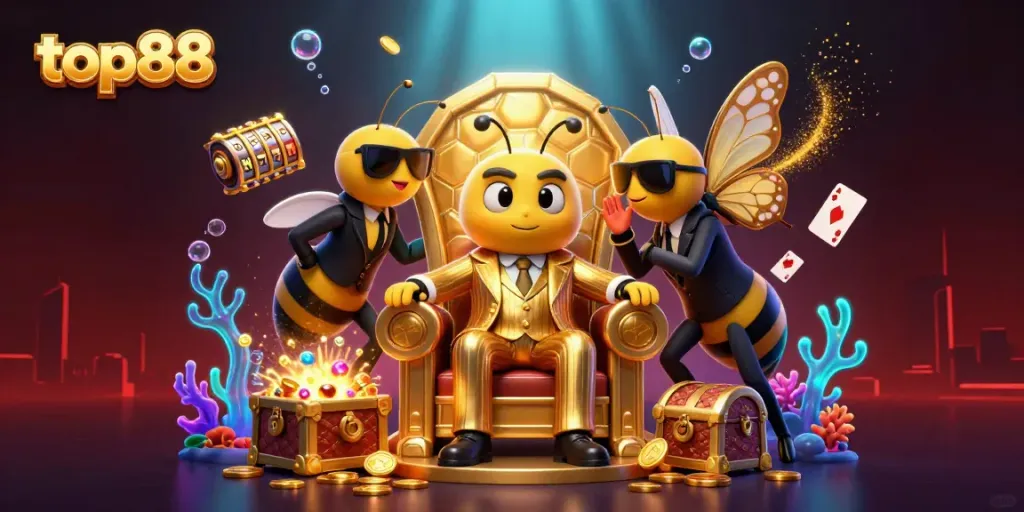 Engage in winning strategies at top88 with a cartoon-style bumblebee boss in a vibrant casino setting.