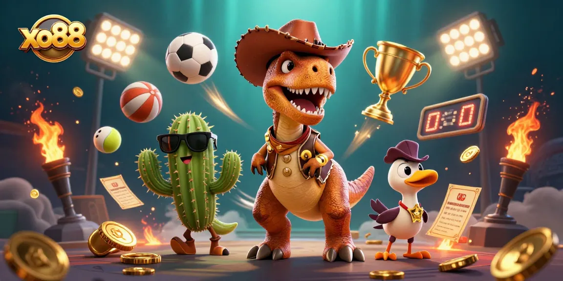 Engage with xo88's exciting sports betting action featuring a cowboy T-Rex and friends!
