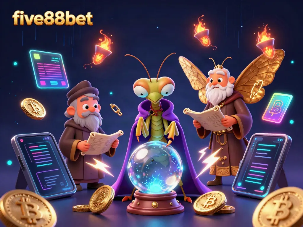 Experience thrilling gameplay at five88bet with vibrant characters and crypto-themed elements in a magical casino illustration.