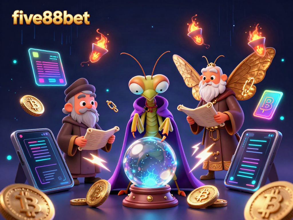 Experience thrilling gameplay at five88bet with vibrant characters and crypto-themed elements in a magical casino illustration.