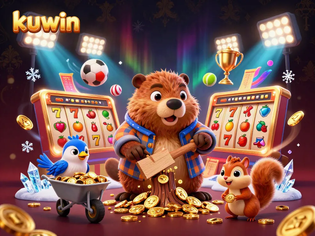 kuwin players enjoy a dynamic casino scene with cashing jackpot slots and vibrant characters