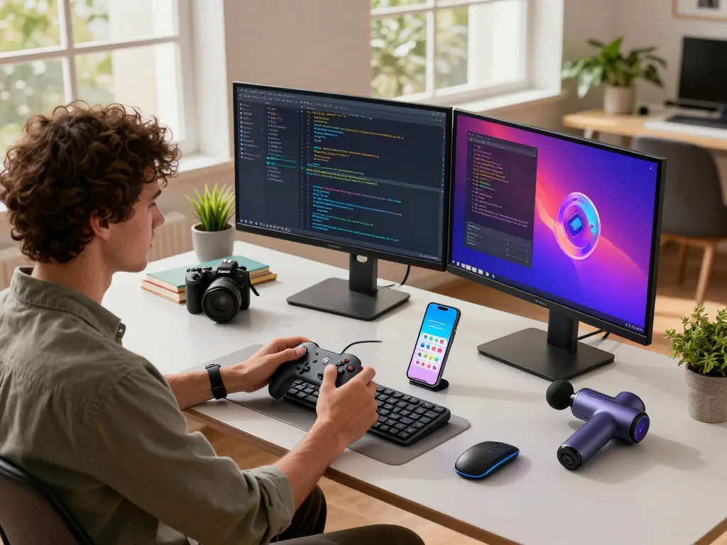 Individual configuring unique tech gadgets in a modern workspace with Bluetooth devices and programming monitors.