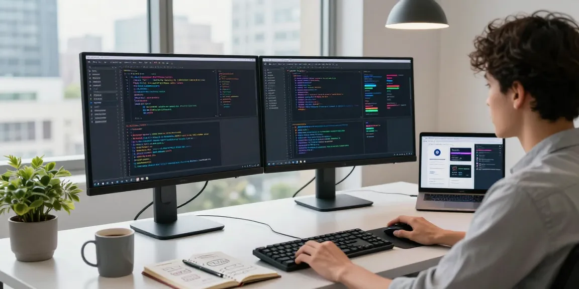 快连 software development workspace with a developer coding, dual monitors showing vibrant analytics and application design.