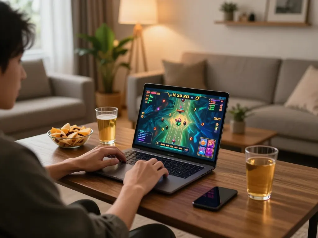 Tài xỉu online gameplay on a laptop in a stylish living room setup, showcasing strategic online gambling.