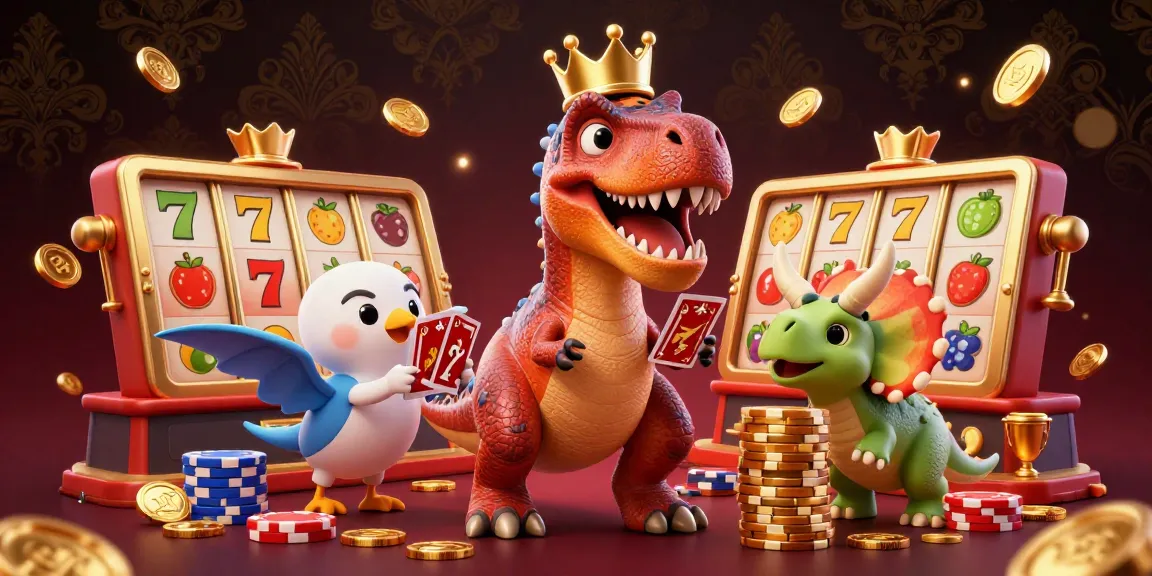 Engage in online casino fun with a 3D T-Rex shuffling cards and colorful slot elements in action.