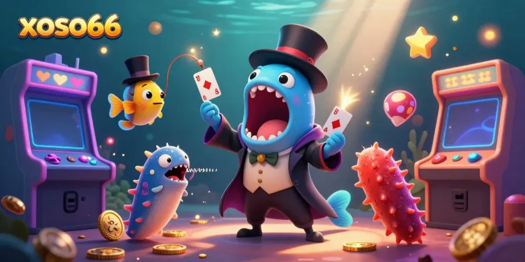 Catching the excitement at xoso66 with colorful card tricks performed by a bioluminescent deep-sea gulper eel.