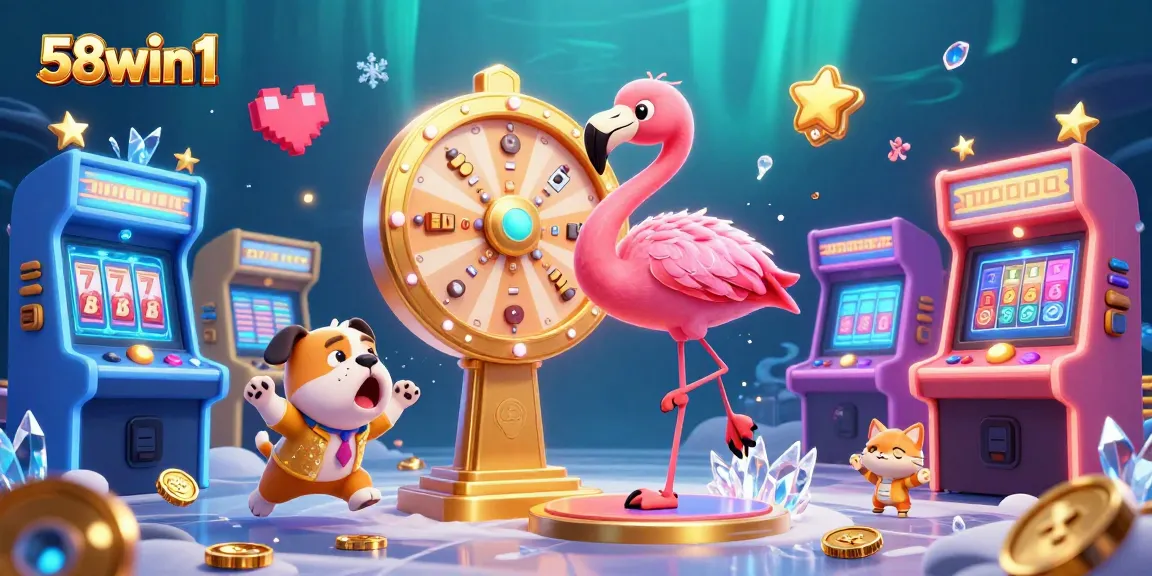 Engage with 58win1's vibrant casino scene featuring a game show host, excited contestants, and rich gaming elements.