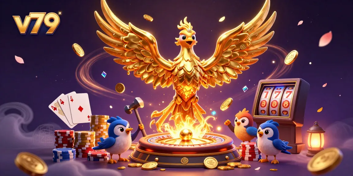 Experience the thrill of v79 casino with a 3D scene of a golden phoenix and gaming elements.