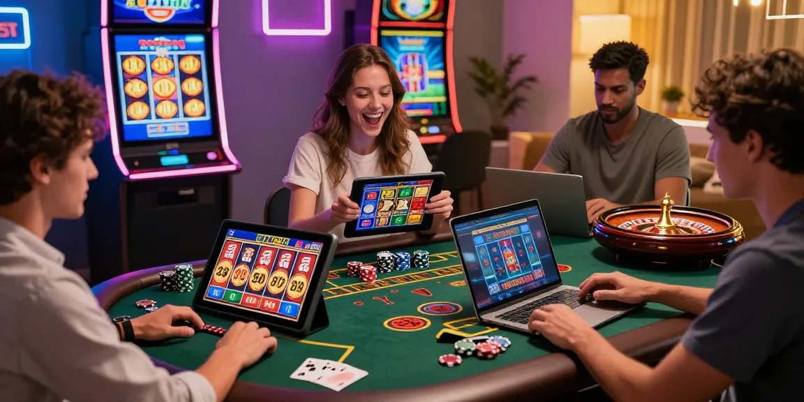 Giocatori entusiasti in un casinò online non aams che si divertono con giochi su tablet e laptop, mostrando grafica vivace e un'atmosfera vivace.