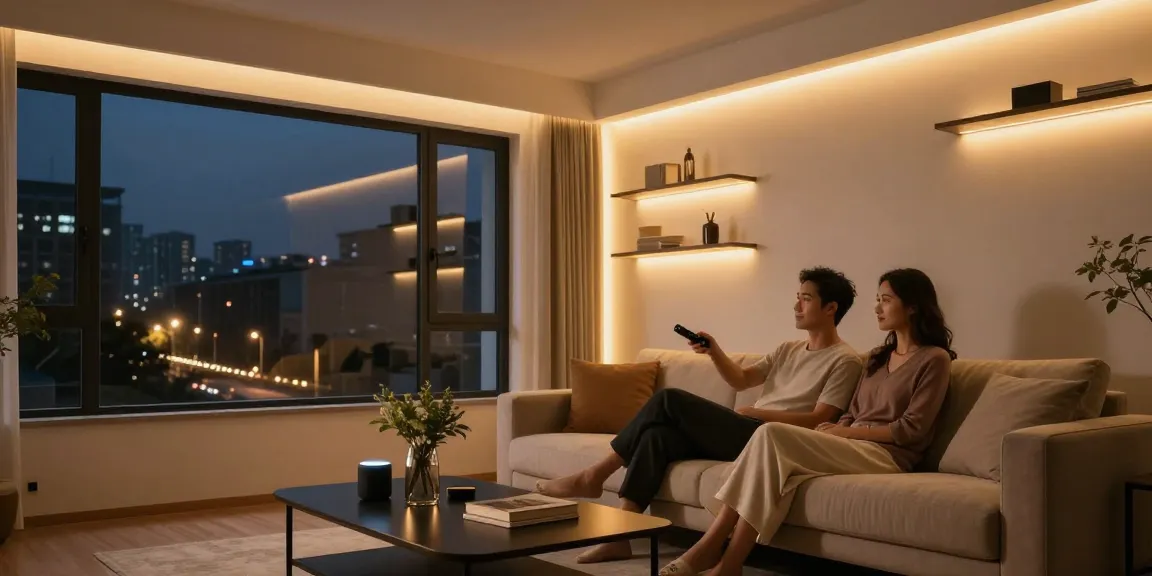 Aplica LED în living modern, cu iluminare ambientală, cu o atmosferă confortabilă și elegantă.