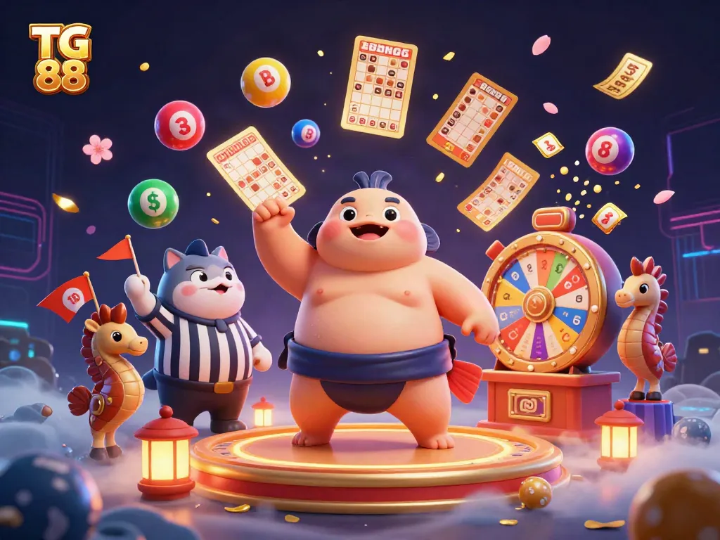 Engaging TG 88 casino scene with a fugu fish and vibrant lottery elements creating a lively underwater atmosphere.