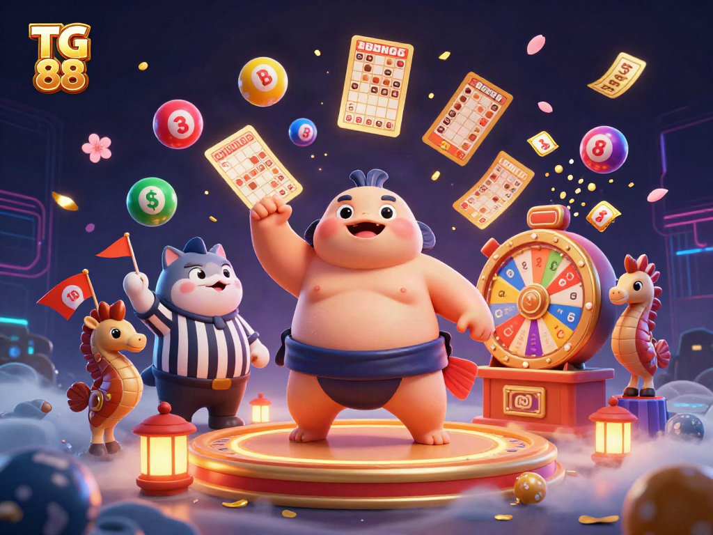 Engaging TG 88 casino scene with a fugu fish and vibrant lottery elements creating a lively underwater atmosphere.