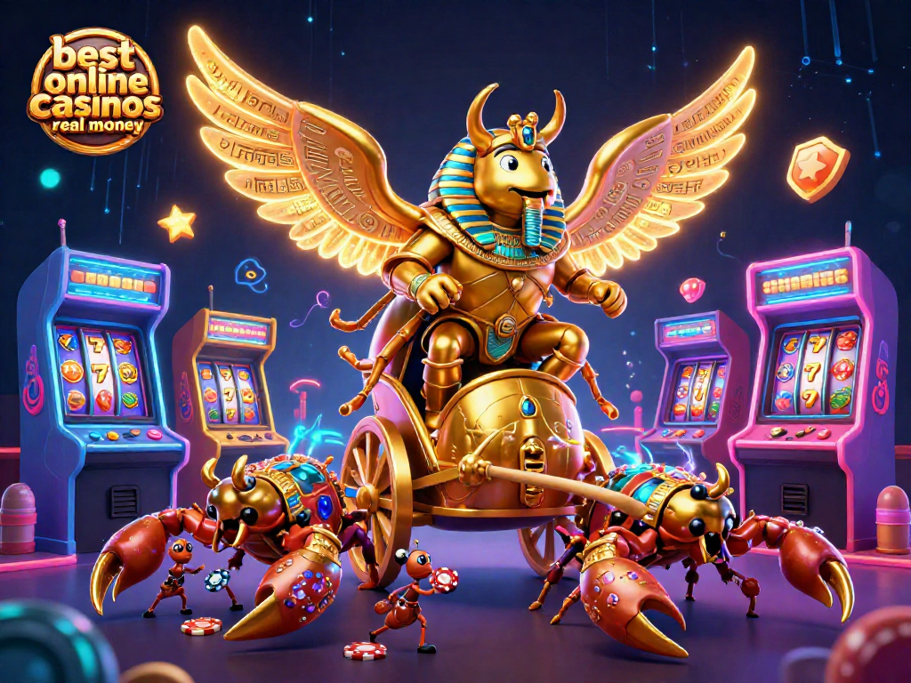 Engage with the best online casinos real money through dynamic gaming chaos featuring a golden scarab and scorpions.