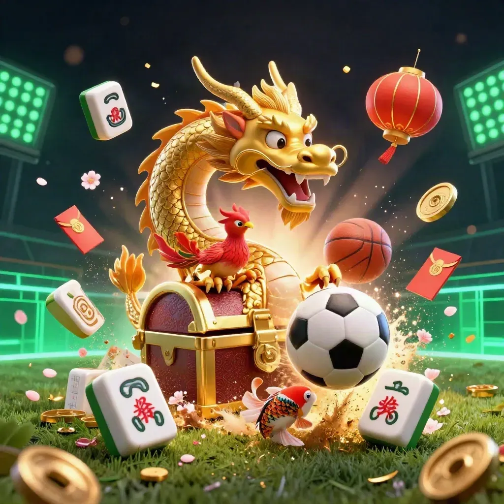Golden dragon and phoenix frame a frozen soccer ball with neon casino sports accents.