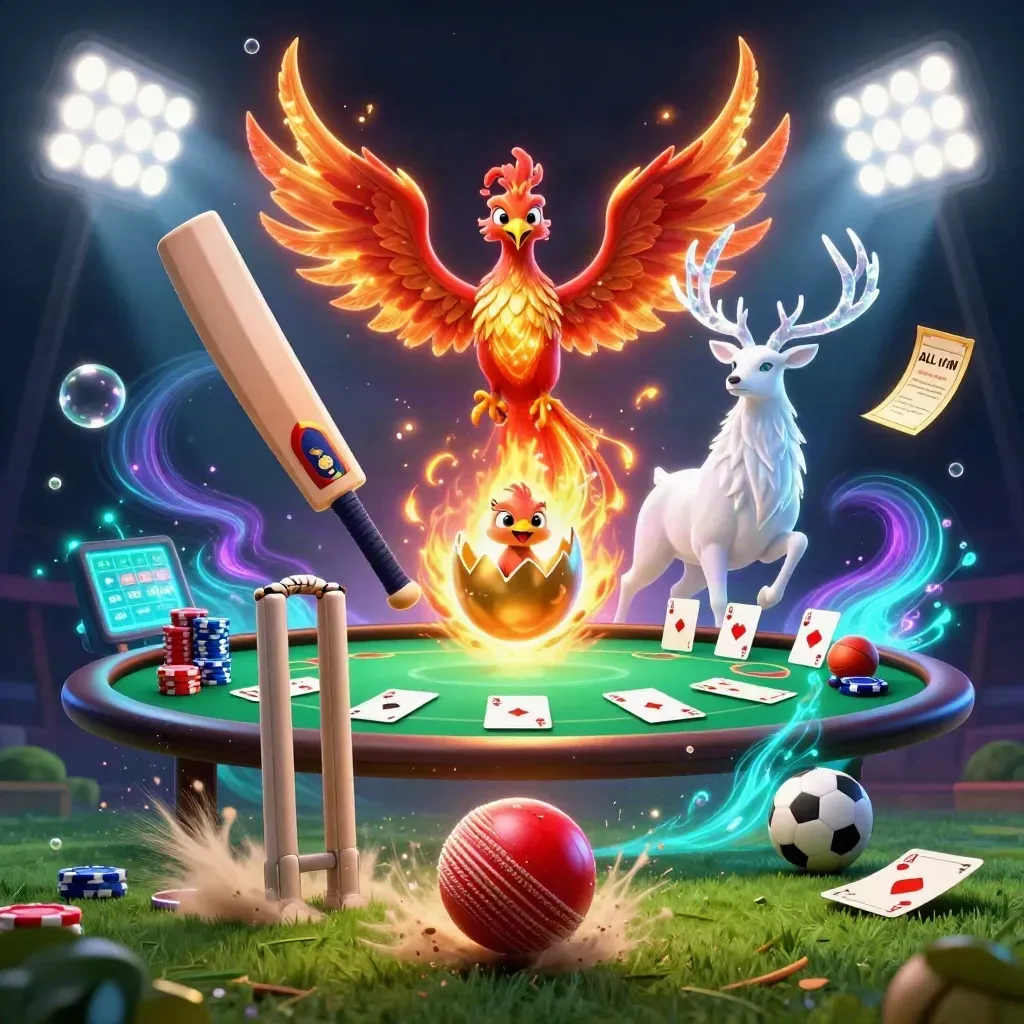 Phoenix, stag and baby phoenix amid poker chips, ball, and glowing casino effects.
