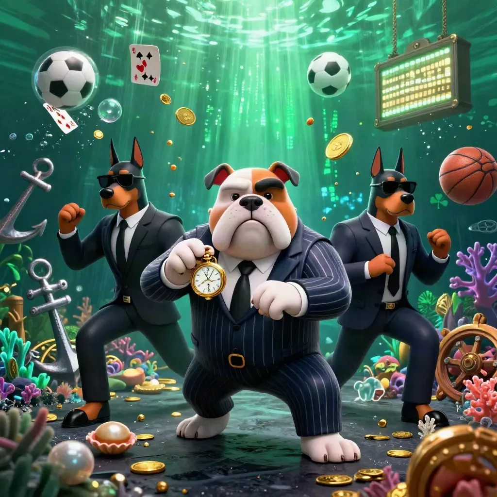 Bulldog mob boss and two Dobermans amid treasure, coins, ball and neon casino effects