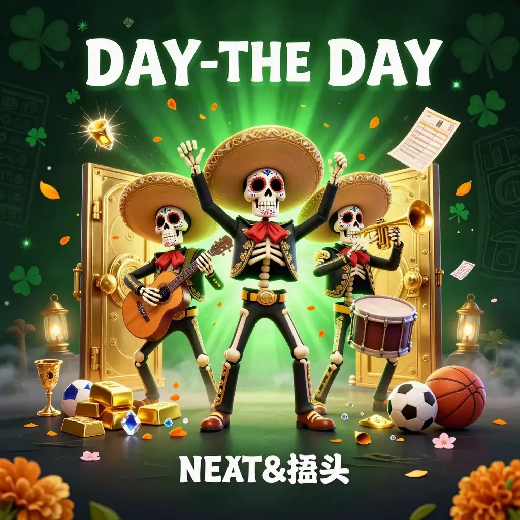 Skeleton mariachi trio bursting gold from a vault, with sports balls, petals, and neon green glow.