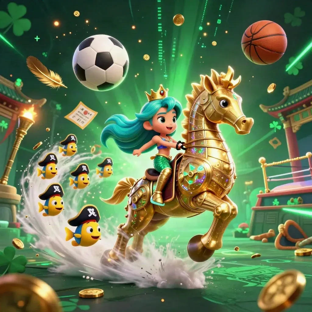 Mermaid princess on armored seahorse with pirate fish amid coins, balls, and neon casino light