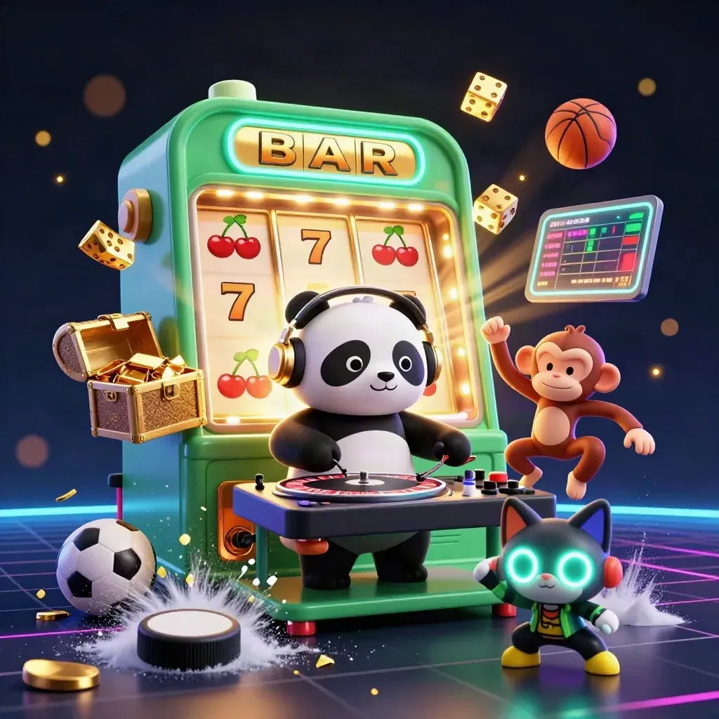 Ice-level cartoon panda DJ, monkey, and kitten amid jackpot symbols and a hockey puck blast.