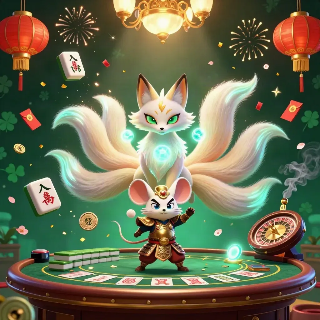 Fox spirit and samurai mouse amid casino charms, lanterns, coins, fireworks, and glowing luxury.
