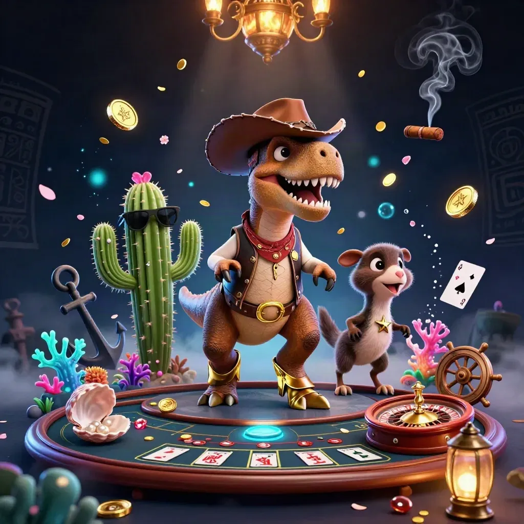 Cowboy T-Rex trio in a glowing treasure-cove casino with gold, coral, and spinning roulette