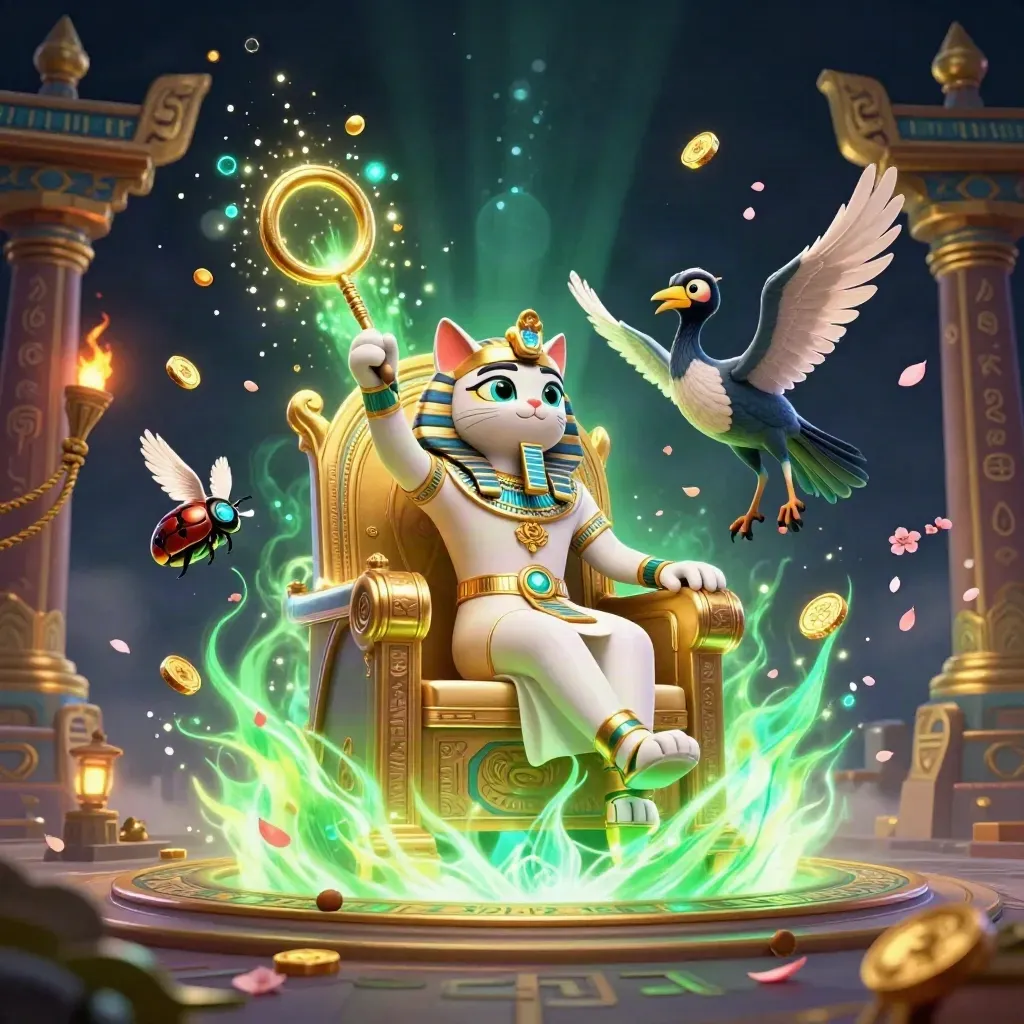 Pharaoh cat, ibis scribe, and gem-winged scarabs amid treasure and neon-green magic.