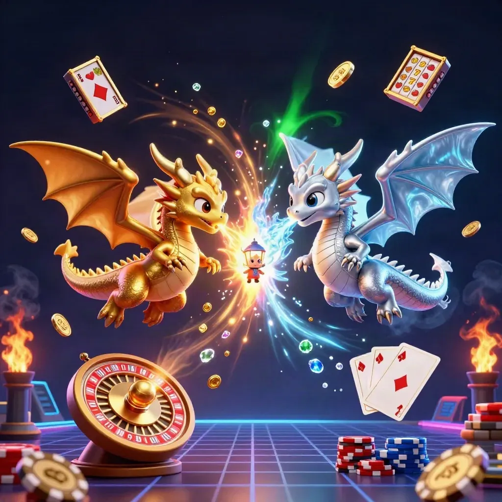 Twin gold and silver dragons battle in a neon coin burst with casino props and treasure