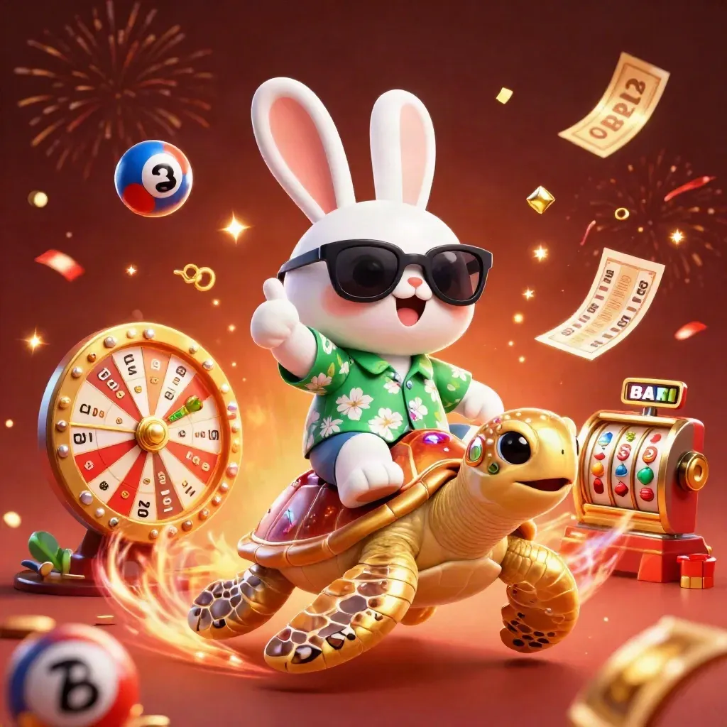 Lucky rabbit rides a golden sea turtle amid casino bursts and fiery glow.