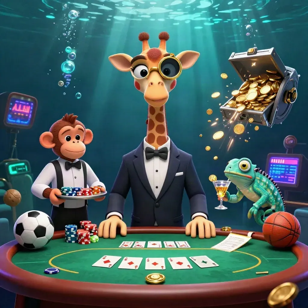 Giraffe, monkey, and chameleon at a poker table amid coins, sports balls, and treasure.