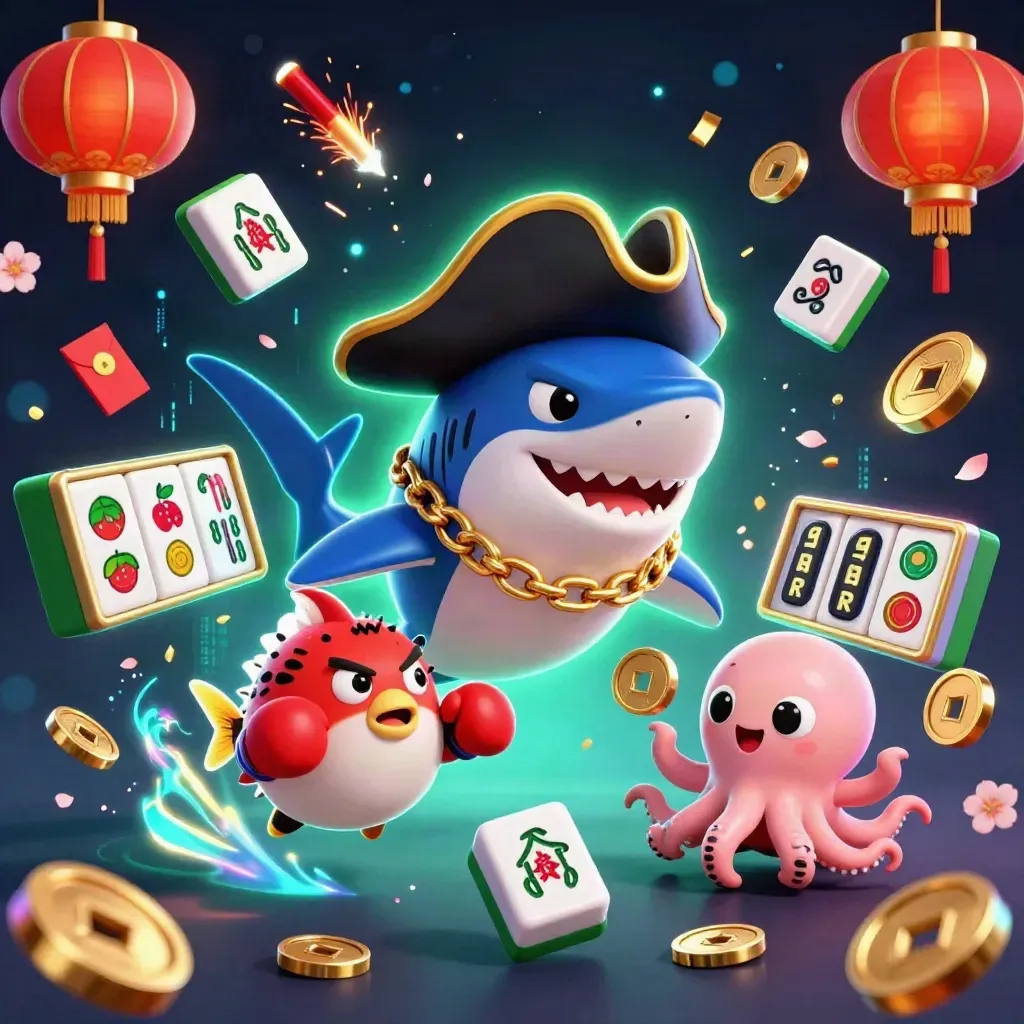 3D pirate shark, boxing pufferfish, and coin-juggling octopus amid neon casino treasure burst.