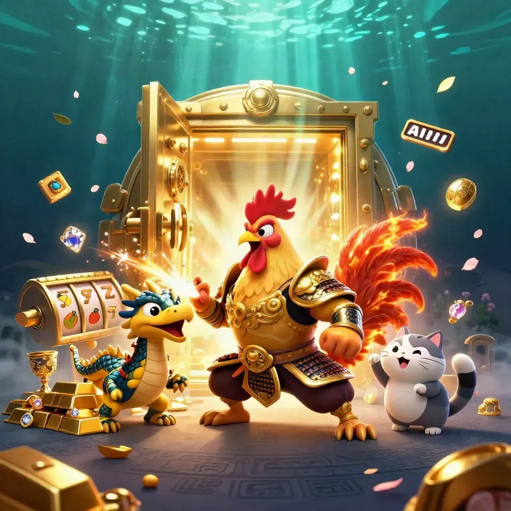 Rooster warrior, dragon hatchling and lucky cat amid gold vault burst and casino reels