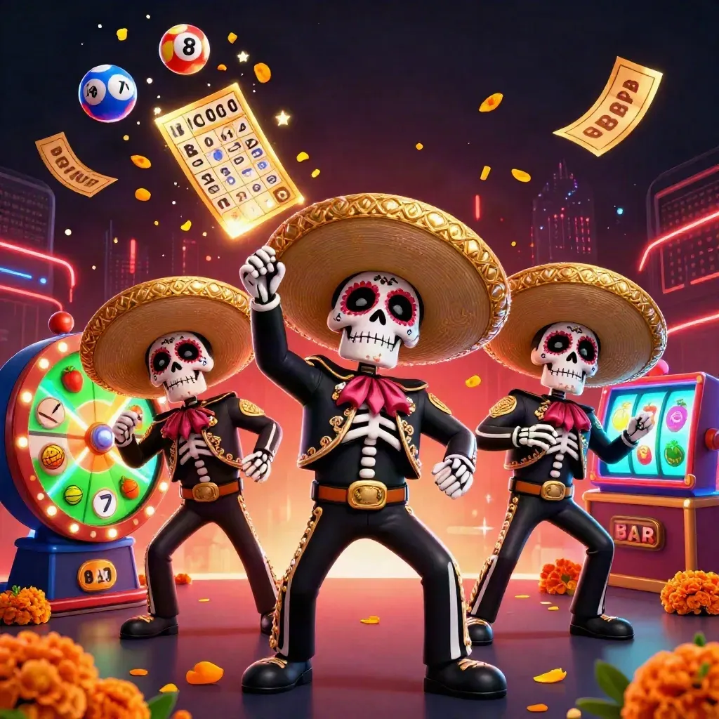 Mariachi skeleton trio amid lottery balls, reels, tickets, and neon energy on a dark casino backdrop.