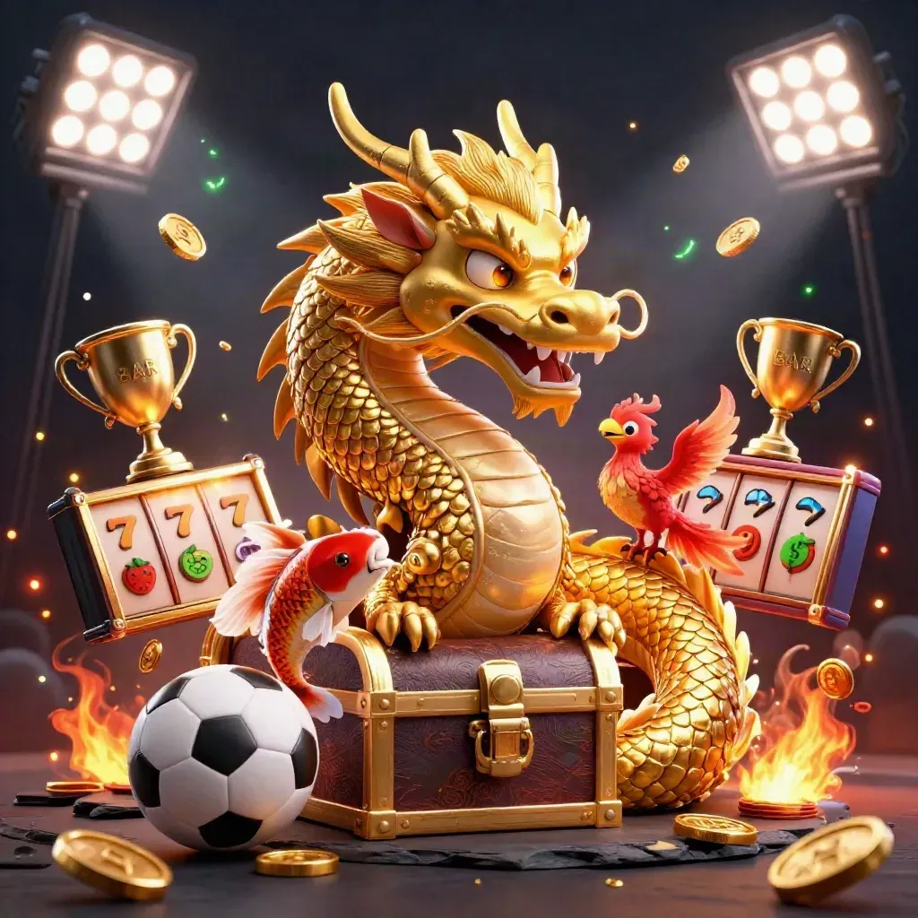Golden dragon, phoenix, koi, sports balls, coins, reels, and trophy in a premium casino splash scene.